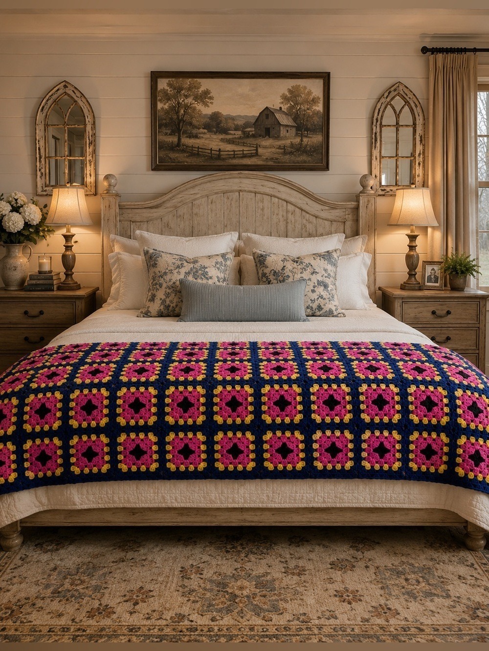 Handmade Crochet Granny Square Blanket | Bold Pink Yellow Blue | 78” x 78”